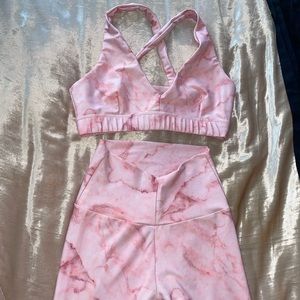 RARE Skatie Workout Set small pink marble sports bra and leggings with v cut